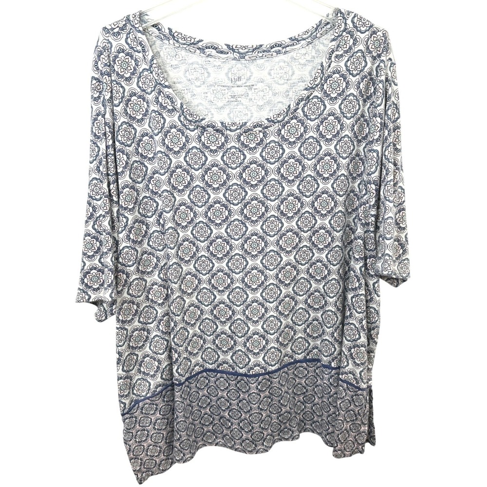 J. Jill Plus Size 4X Top Blue White Cotton Floral Medallion Boho Cottagecore 681 - Picture 1 of 7